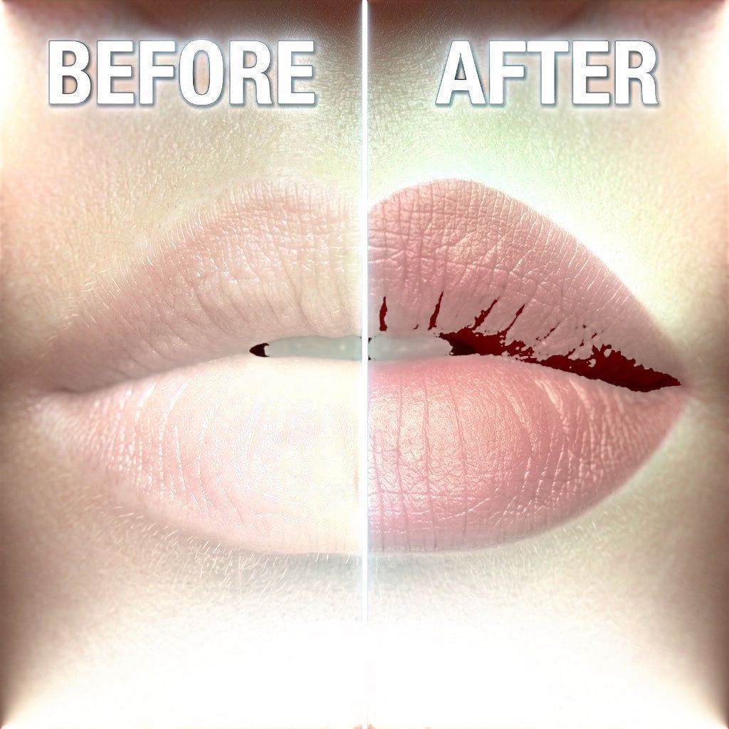 SOLA-GLOW lipstick before and after comparison showing natural lips versus lips with vibrant matte red pigment
