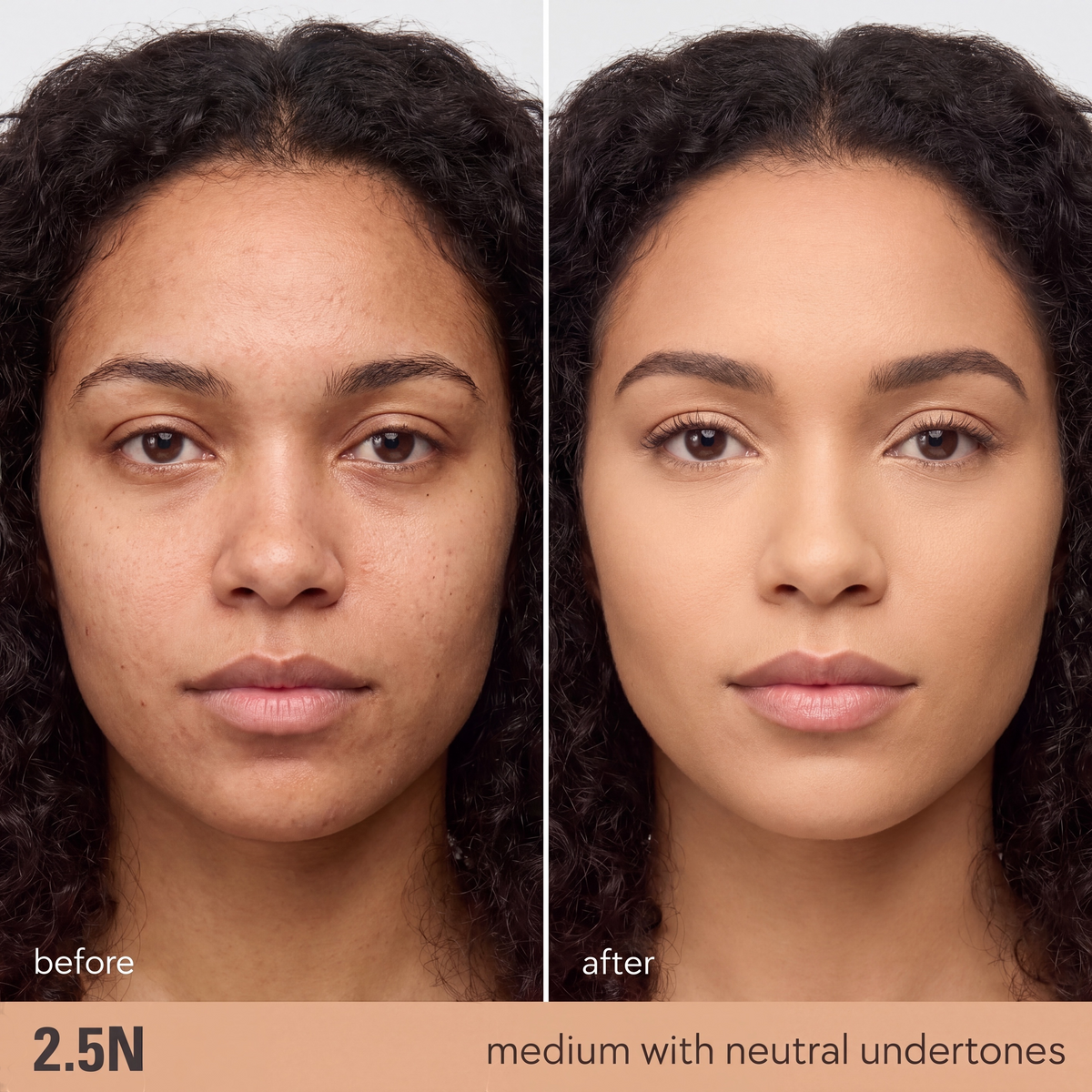 SOLA-GLOW LUME Velvet Foundation before and after application on a model with medium skin and neutral undertones