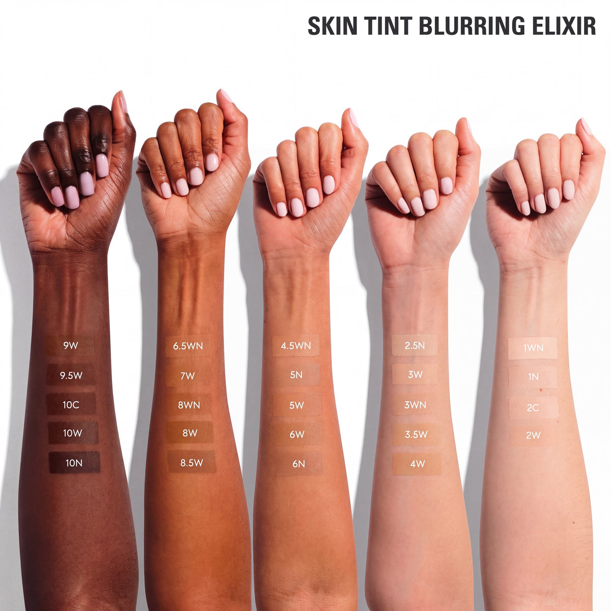 SOLA-GLOW LUME Velvet Foundation shade range swatches on five different skin tones showing buildable coverage