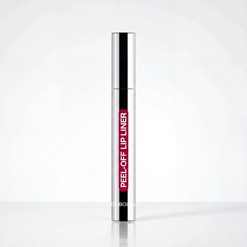 SOLA-GLOW peel-off lip liner in a sleek silver tube with a precision applicator for long-lasting lip stain.