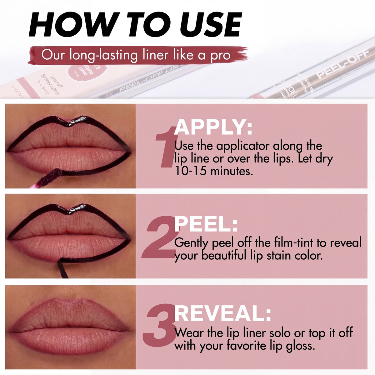 SOLA-GLOW peel-off lip liner instructiekaart met drie stappen voor het aanbrengen, afpellen en onthullen van lipkleur.